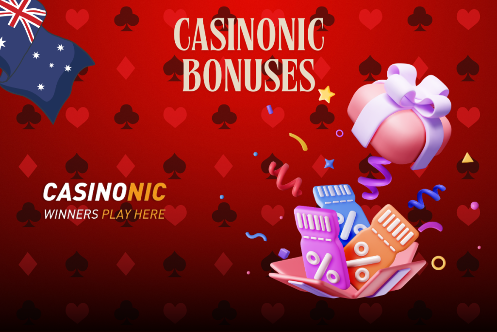 box with bonuses, casinonic logo and australian flag on red background