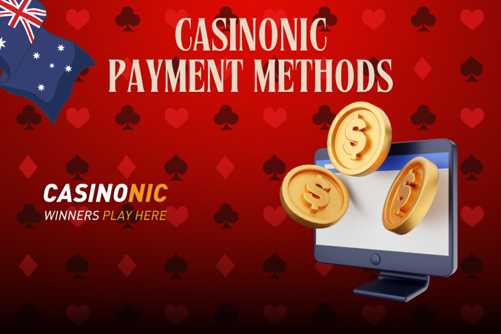 monitor with coins, casinonic logo and australian flag on red background