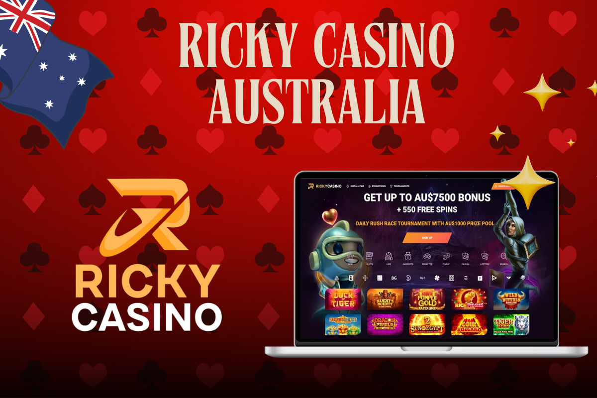 laptop with ricky casino, ricky casino logo and australian flag on red background