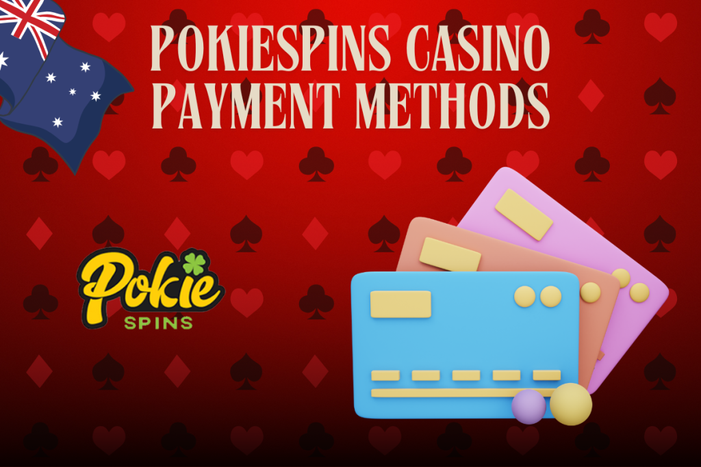 banking cards, pokiespins logo and australian flag on red background