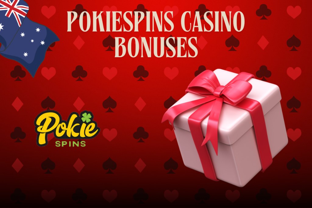 pink present box, pokiespins logo and australian flag on red background