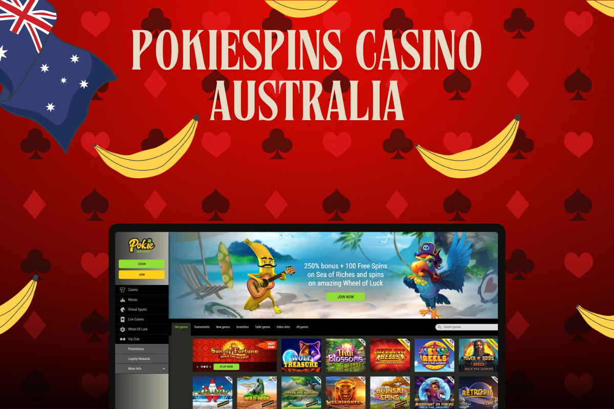 laptop with pokiespins casino, pokiespins logo and australian flag on red background