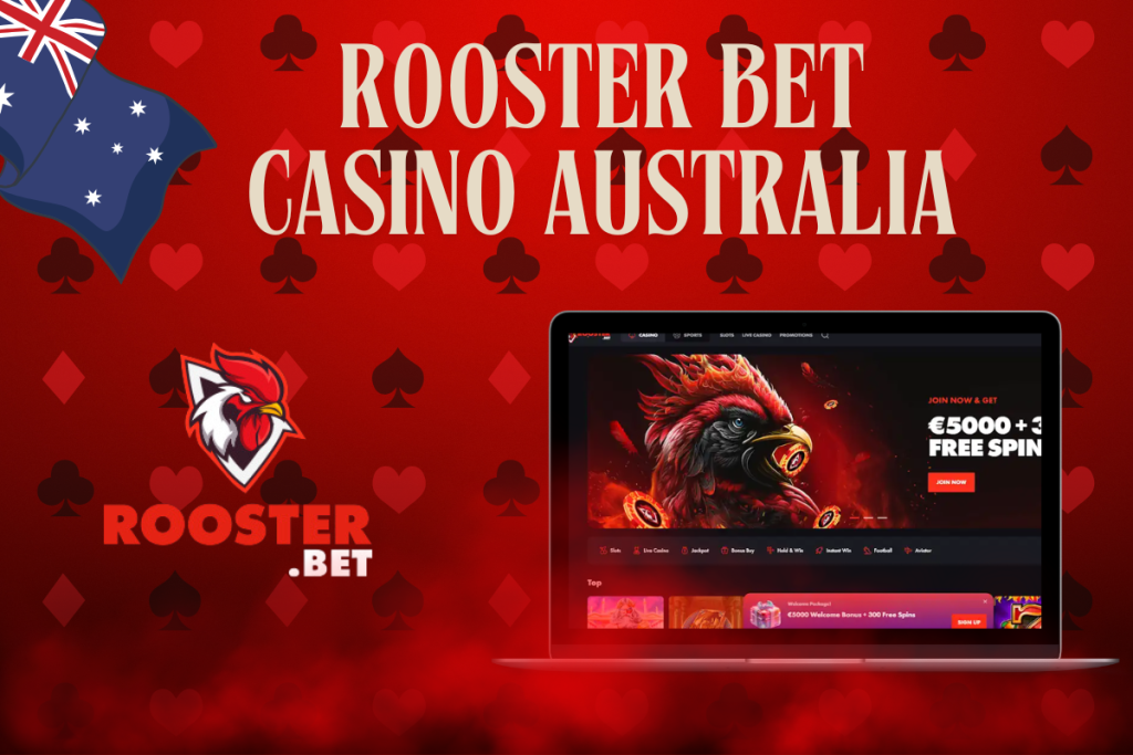 laptop with Rooster Bet casino, Rooster Bet logo and australian flag on red background