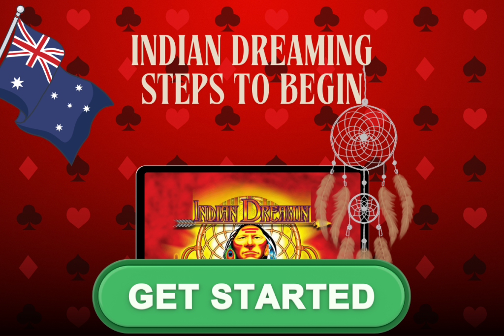 tablet with slot Indian Dreaming, button get started, australian flag on red background