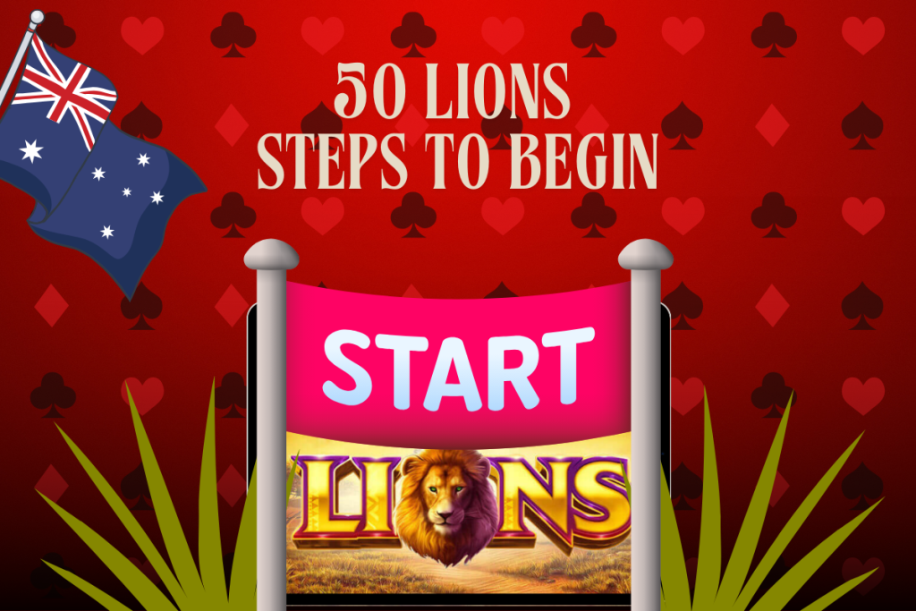 tablet with slot 50 lions, start, australian flag on red background