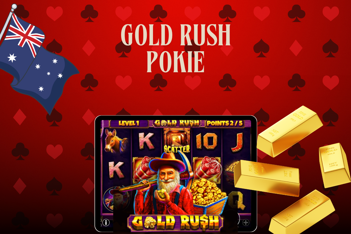 tablet with slot gold rush, gold bars, australian flag on red background