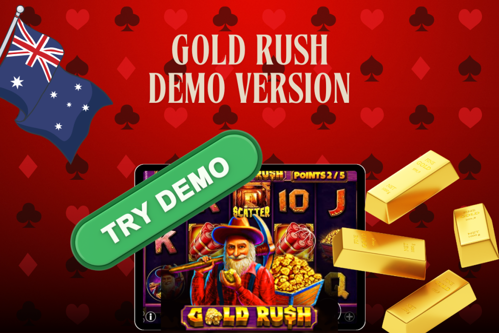 tablet with slot gold rush, gold bars, sign try demo, australian flag on red background