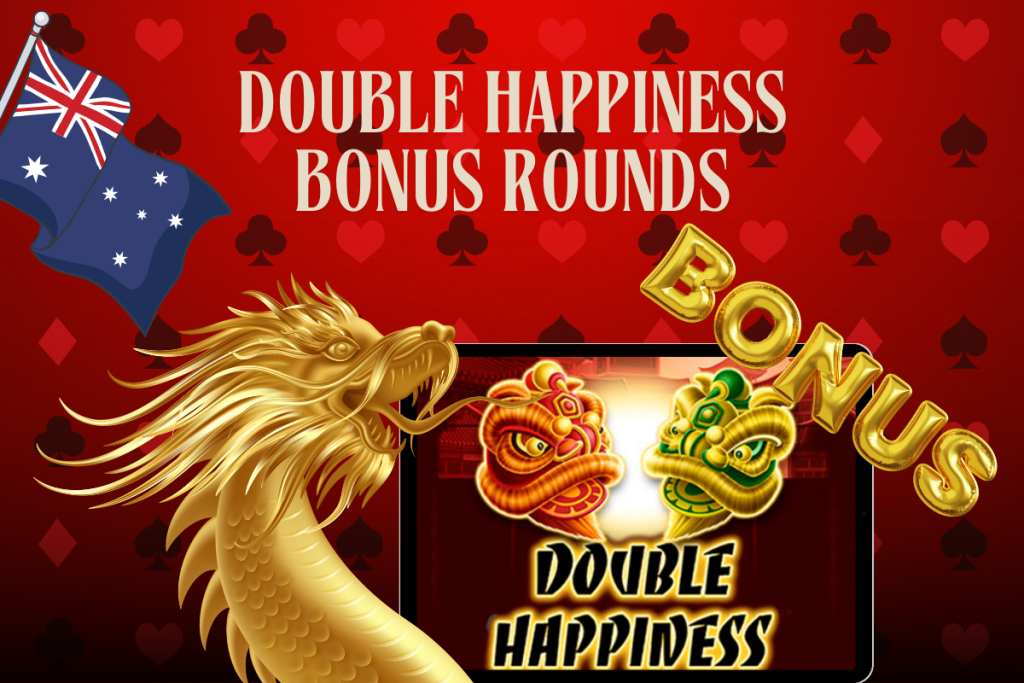 tablet with slot Double Happiness, gold bonus, australian flag on red background