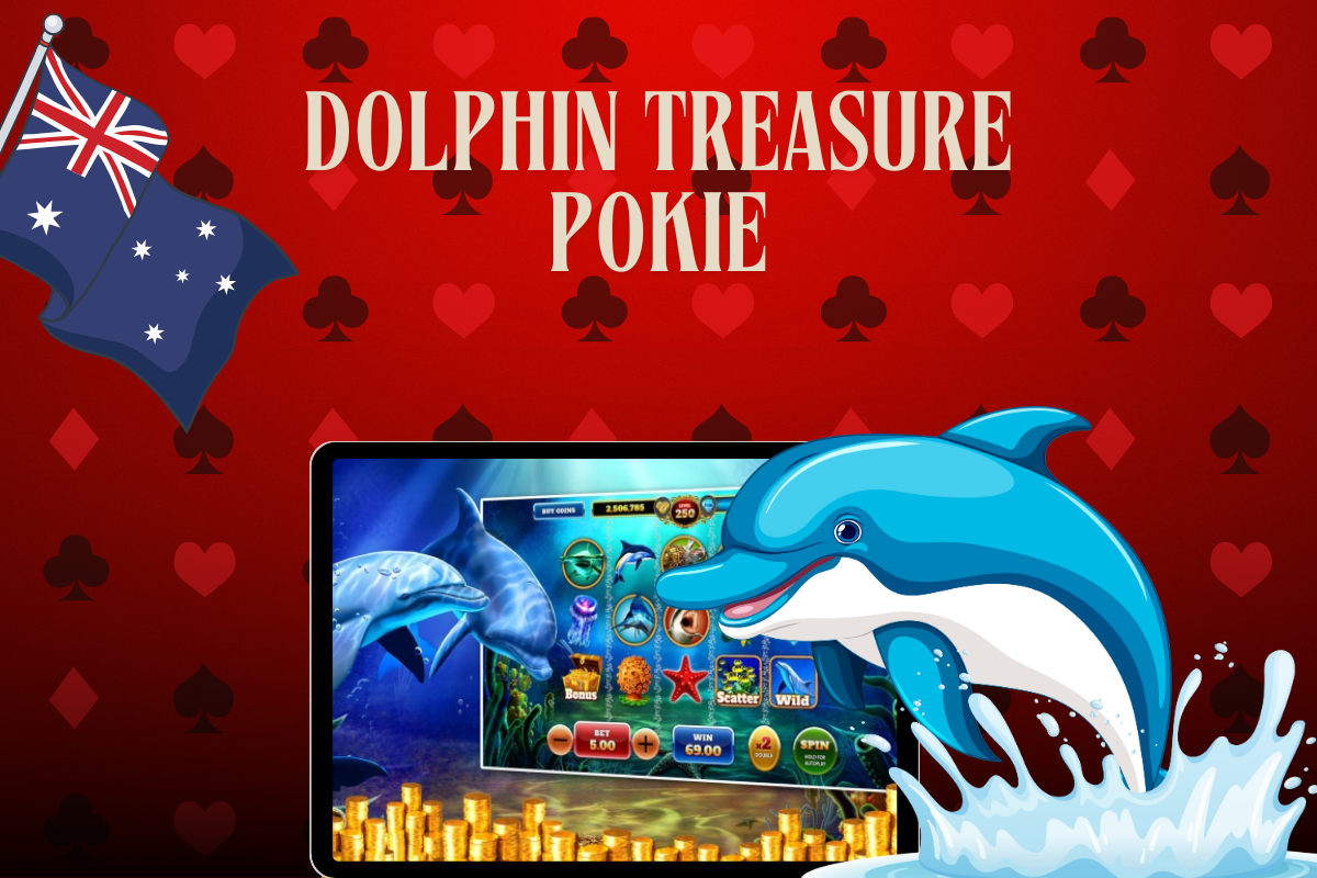 tablet with slot Dolphin Treasure, dolphin, australian flag on red background