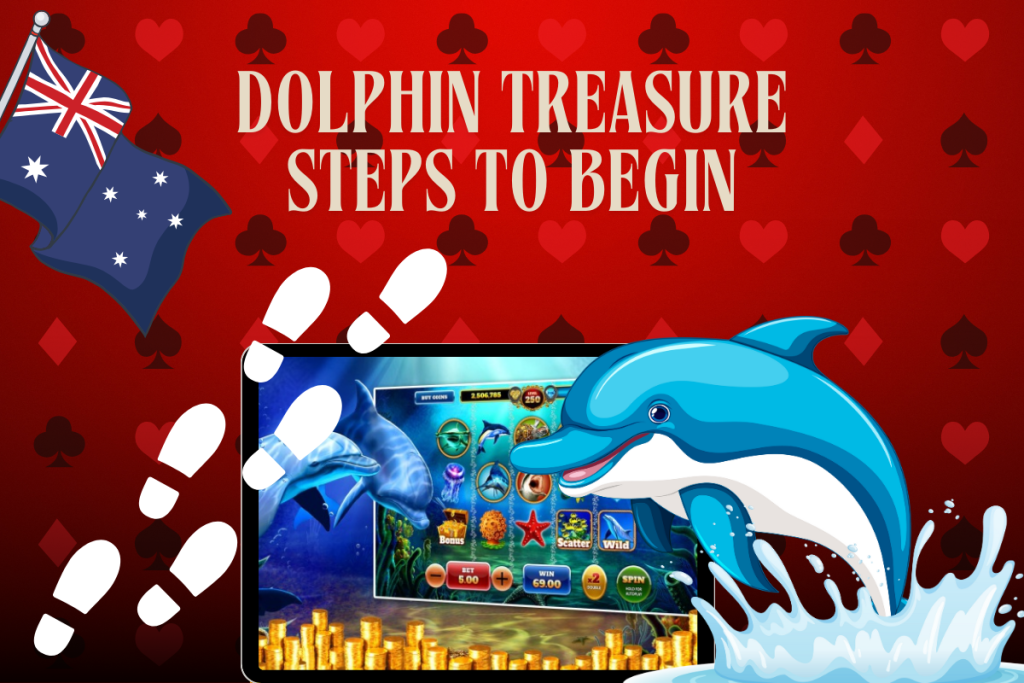 tablet with slot Dolphin Treasure, dolphin, steps, australian flag on red background