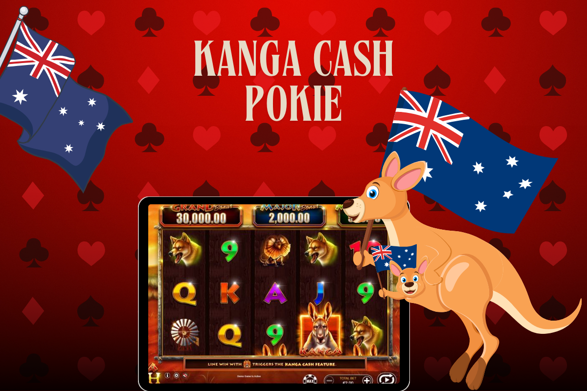 tablet with slot Kanga Cash, kangaroo, australian flag on red background
