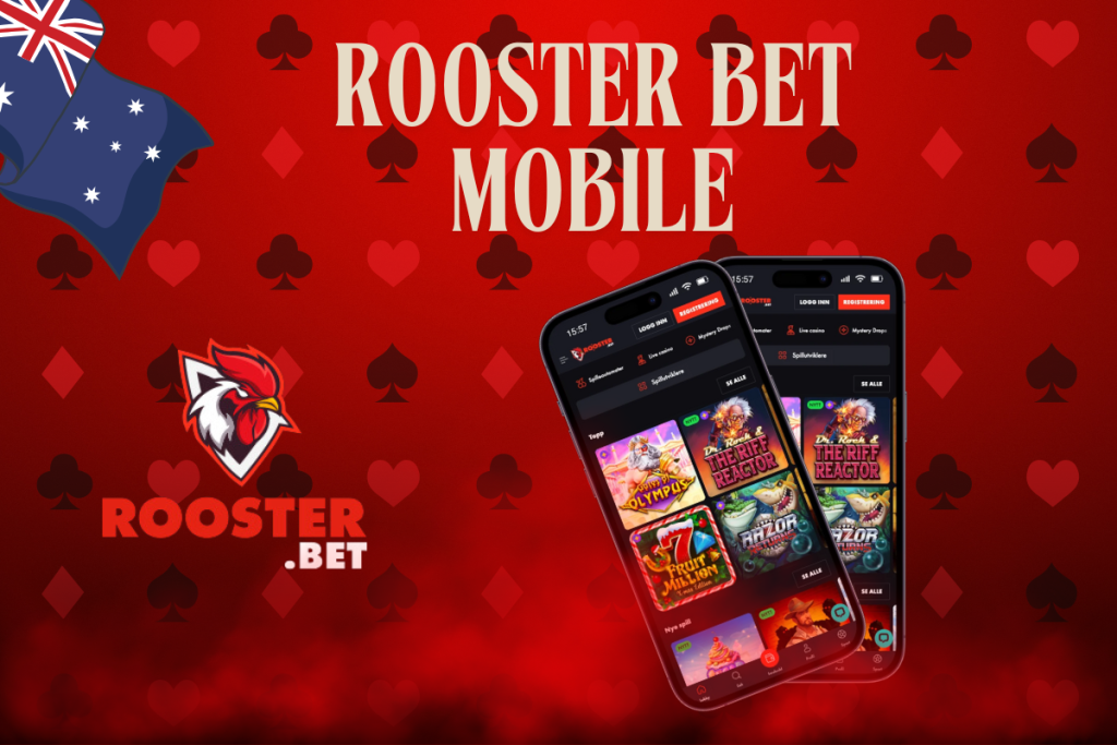 mobile with Rooster Bet casino, Rooster Bet logo and australian flag on red background