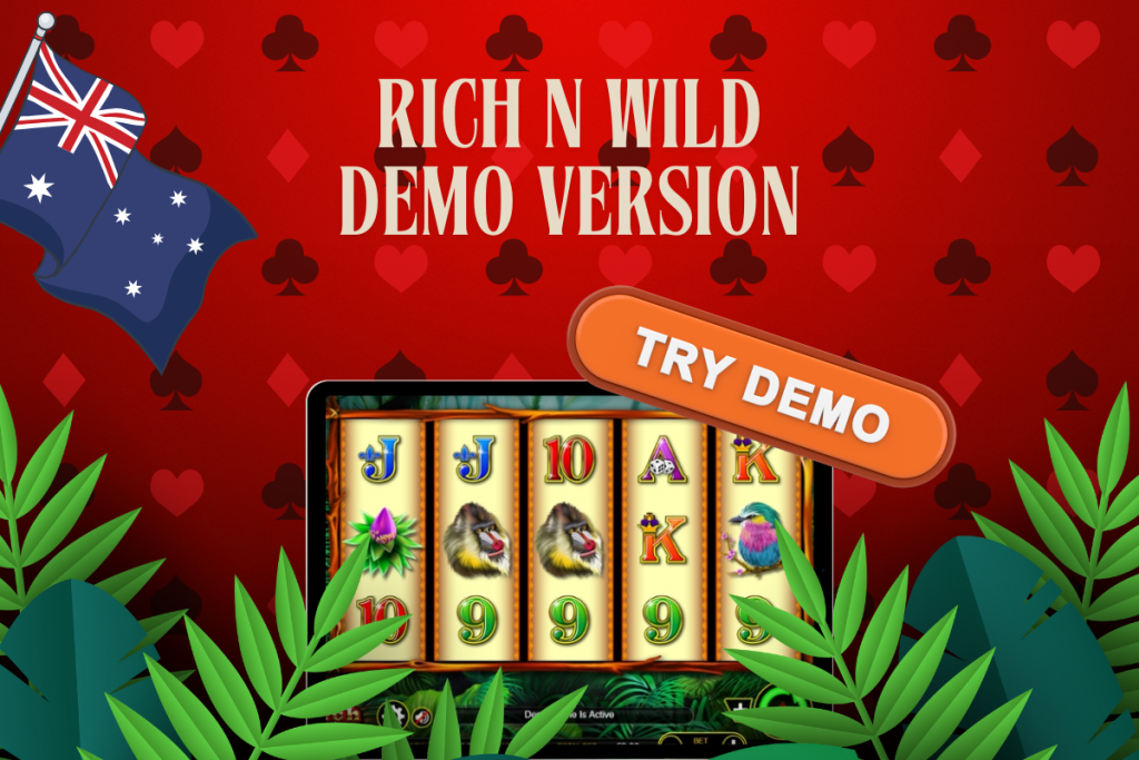 tablet with slot Rich n Wild, demo sign, australian flag on red background