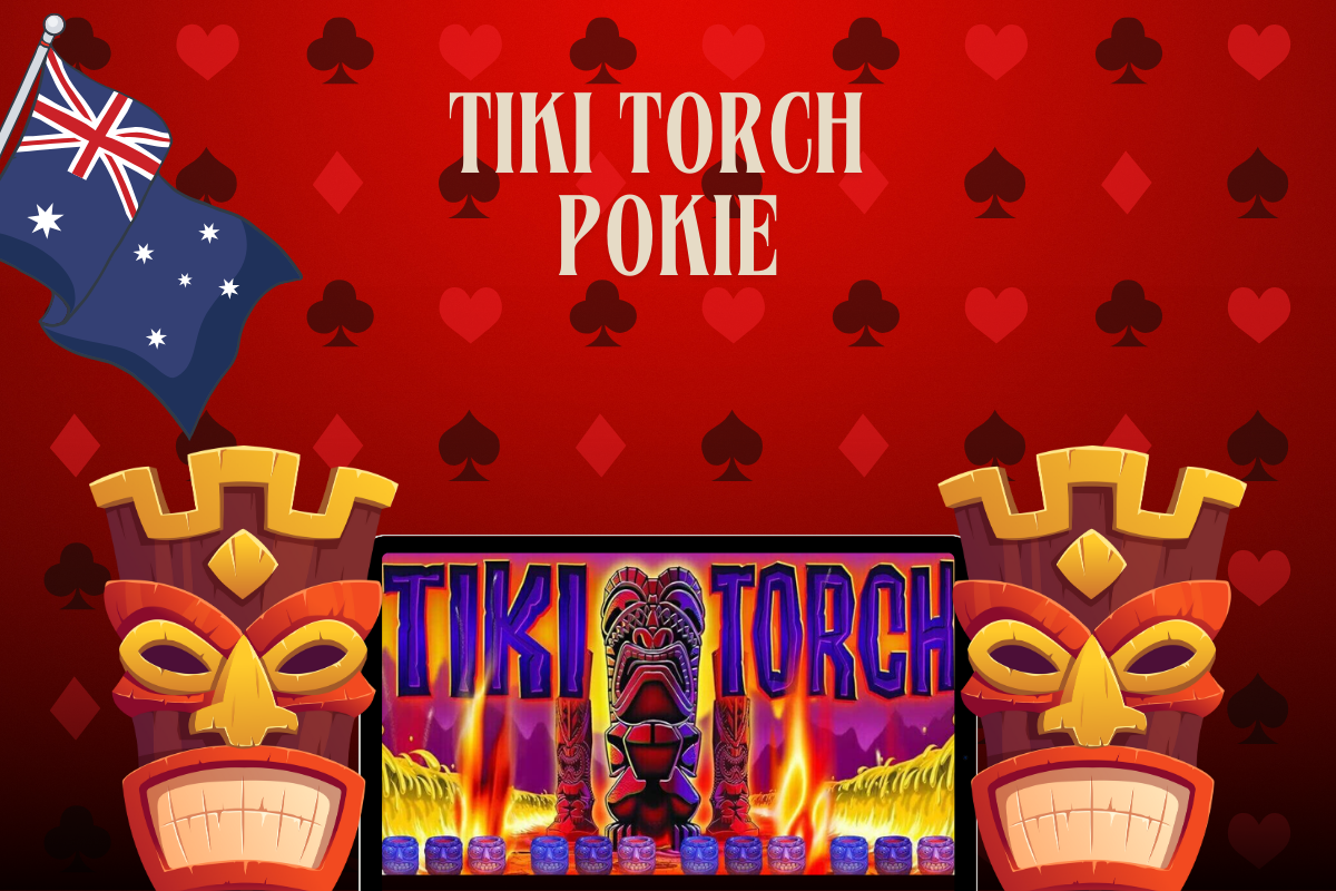 tablet with slot tiki torch, australian flag on red background