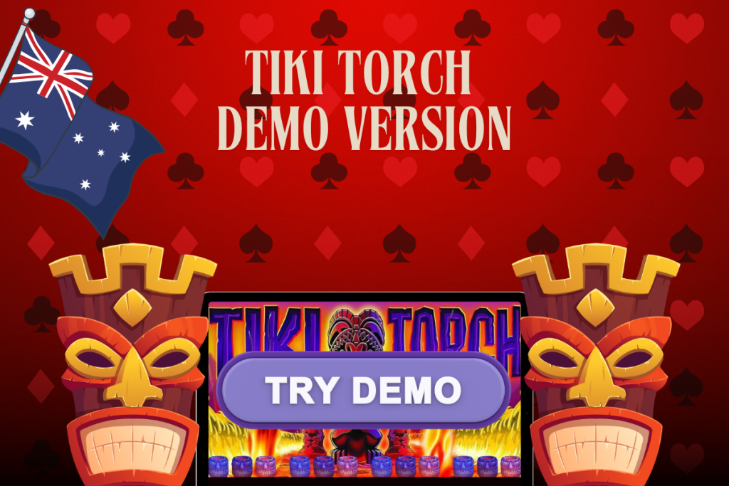 tablet with slot tiki torch, sign try demo, australian flag on red background