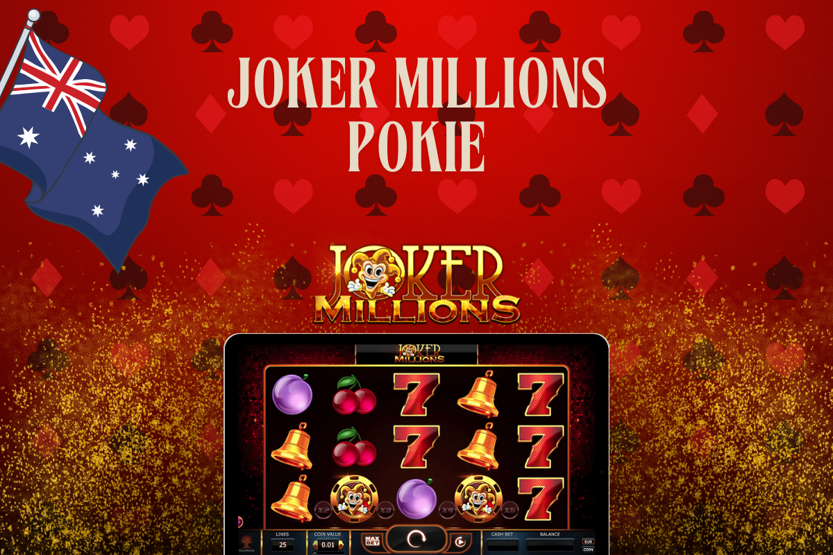 tablet with slot Joker Millions, australian flag on red background