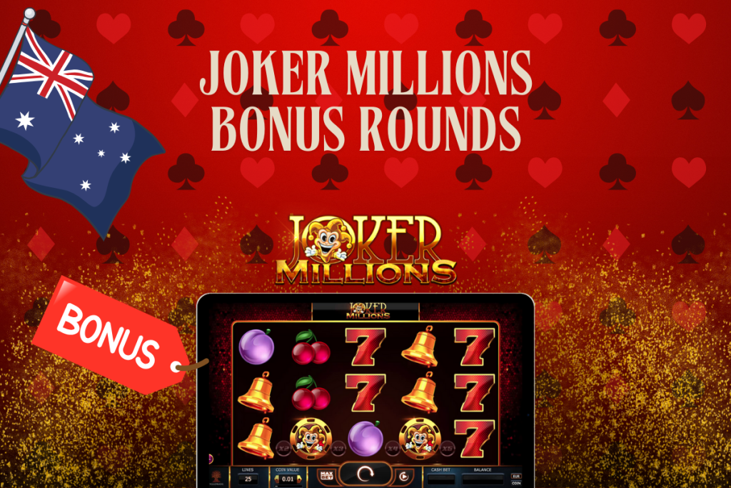 tablet with slot Joker Millions, bonus, australian flag on red background