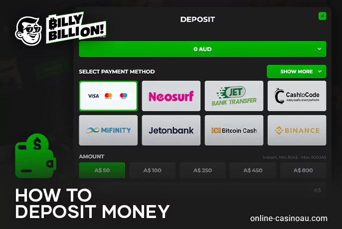 Billy Billion Casino deposit form - instructions