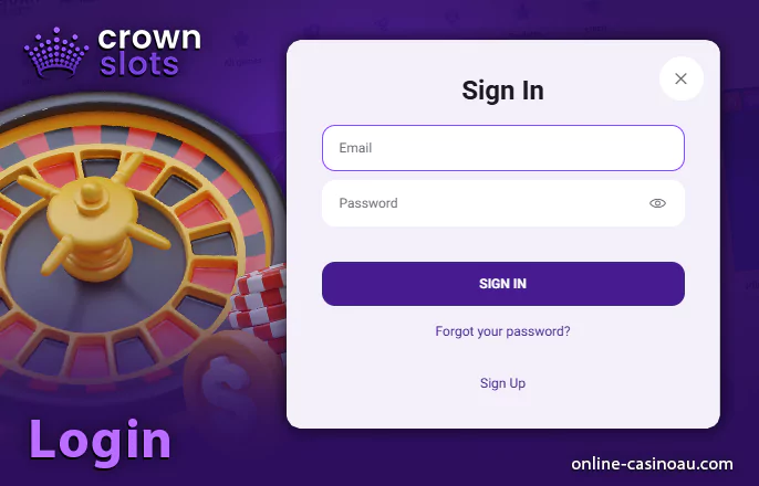 Authorization on CrownSlots Casino website