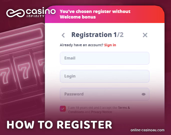Infinity Casino Website Account Creation Form