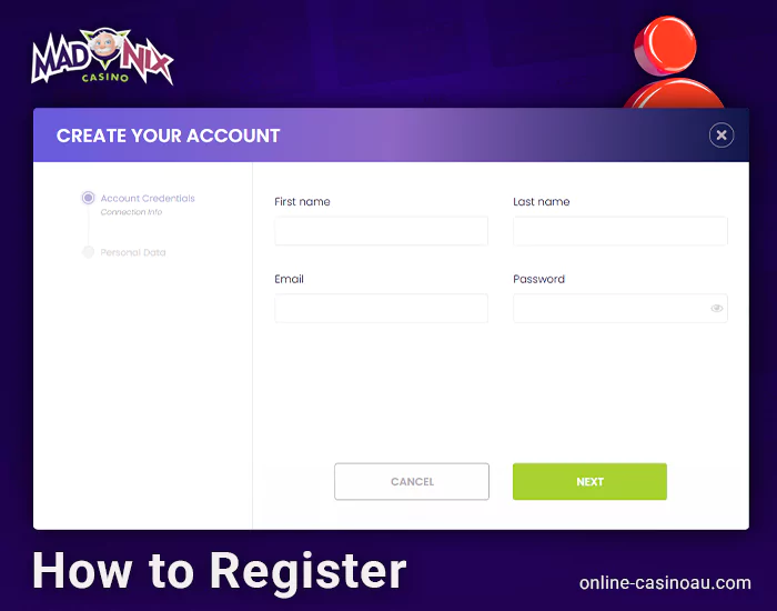 Sign up for a new account at Madnix Casino
