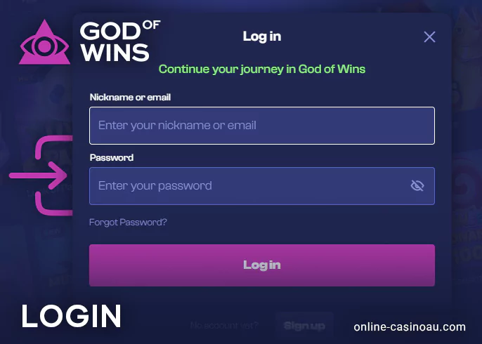 Log in to your God of Wins Casino account
