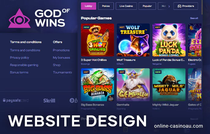God of Wins Casino design - footer and lobby
