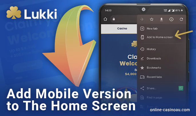 Add Lukki Casino to your mobile screen - instructions