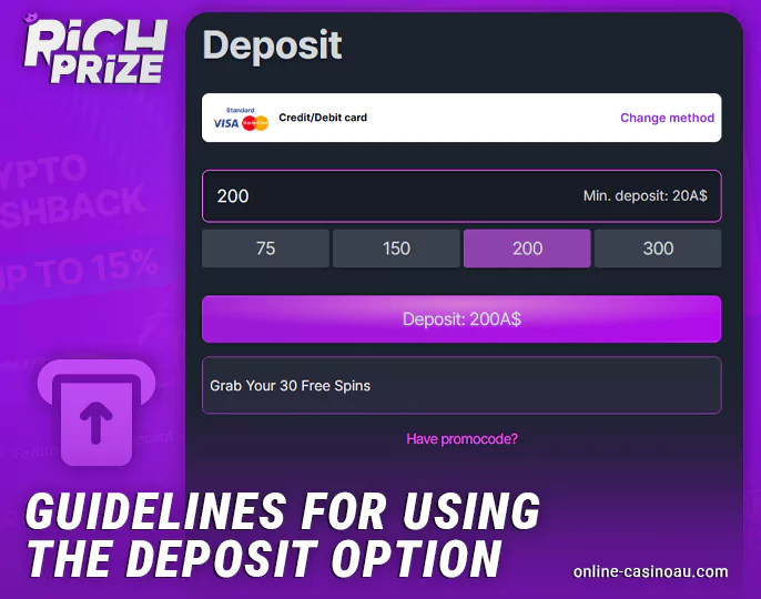 The process of making a deposit to personal Rich Prize Casino account