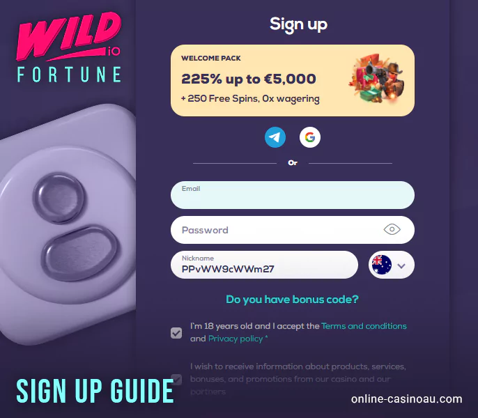 Create a new account for Australians at Wild Fortune Casino