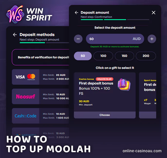 Deposit form at WinSpirit Casino - play for real money