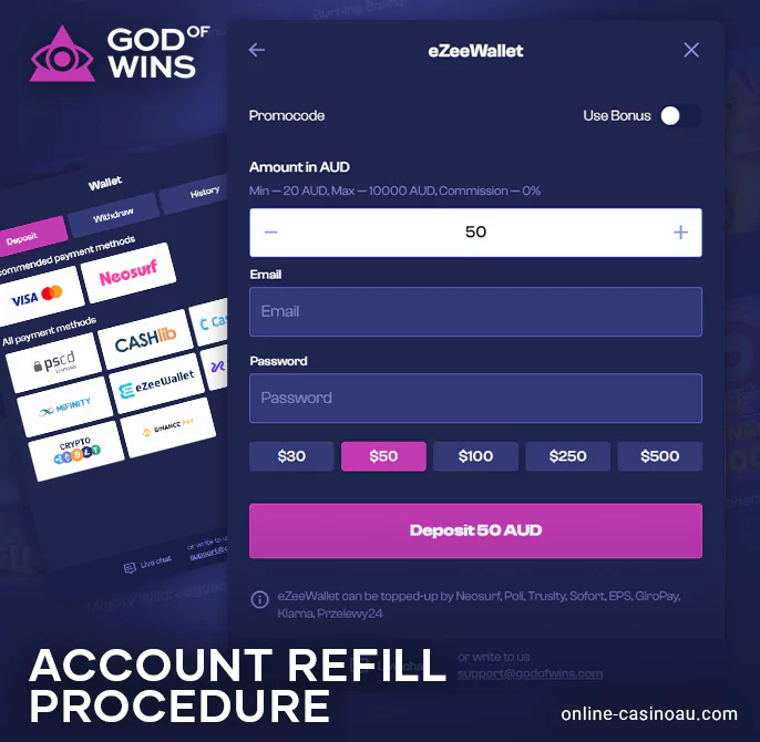 Deposit in AUD currency on the God of Wins website