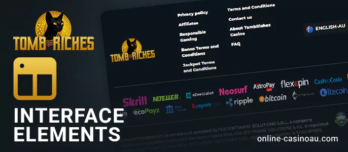 About the footer of the TombRiches casino website