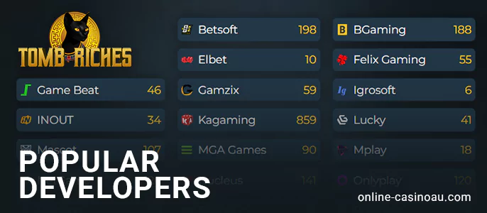 List of available casino providers on the TombRiches website