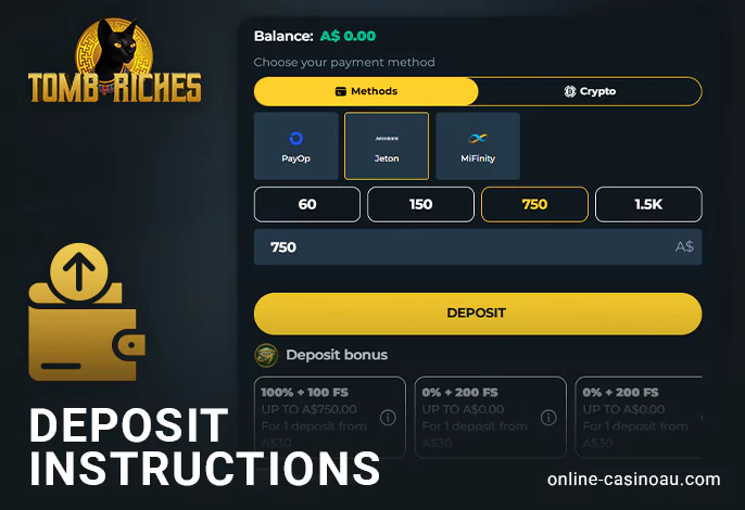 Process of depositing in AUD currency at TombRiches Casino